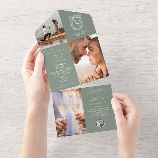 Invitación Todo En Uno Escudo verde sabio Monograma 3 Foto Boda de código (desgarro)