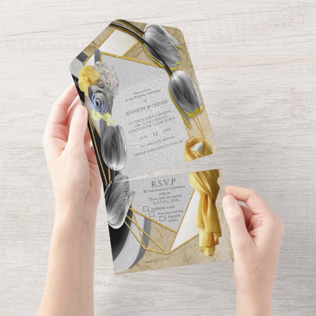 Invitación Todo En Uno escultura moderna de color amarillo y gris con tul (desgarro)