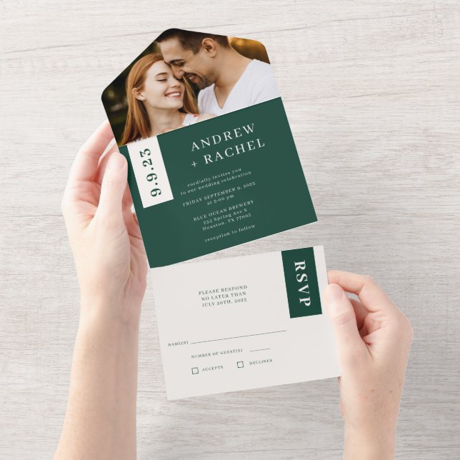 Invitación Todo En Uno Esmeralda Green Blocks Fall Wedding Photo (desgarro)