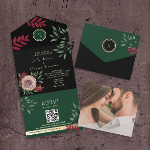 Invitación Todo En Uno Esmeralda Negro Boda Foto Burdeos