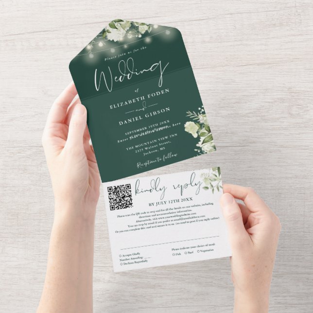 Invitación Todo En Uno Esmeralda Verde Floral Iluminación QR Boda de códi (desgarro)