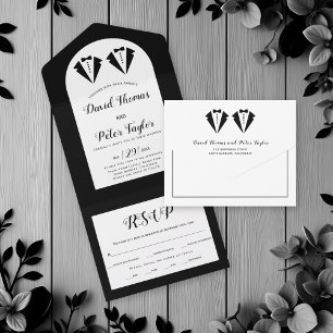 Invitación Todo En Uno Esmoquin negro Sr y Sr dos novios boda gay