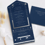 Invitación Todo En Uno Espacio Astronómico Mystical Blue Silver Star Moon<br><div class="desc">Mystical Moda Blue Silver Star Moon Astronomy Space Wedding Invitation presenta sol dorado, luna y estrellas con un marco plateado sobre un fondo azul marino oscuro. Adentro está tu información de invitación de boda personalizada. Debajo está la tarjeta extraíble RSVP con tres opciones de comida para que los huéspedes la...</div>