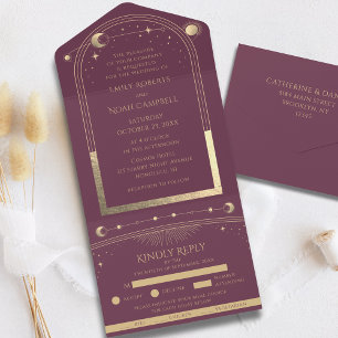 Invitación Todo En Uno Espacio Astronómico Mystical Plum Gold Sun Moon
