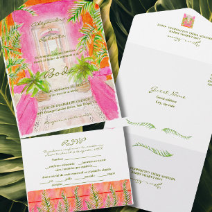 Invitación Todo En Uno Español, acuarela Boda de coral rosa tropical