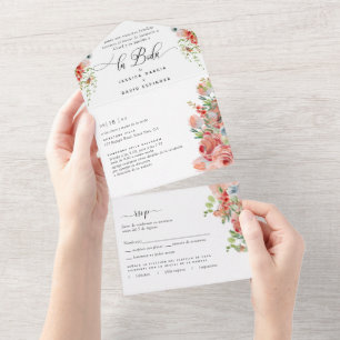 Invitación Todo En Uno Español, Coral Peach, Cream Boda Tear RSVP