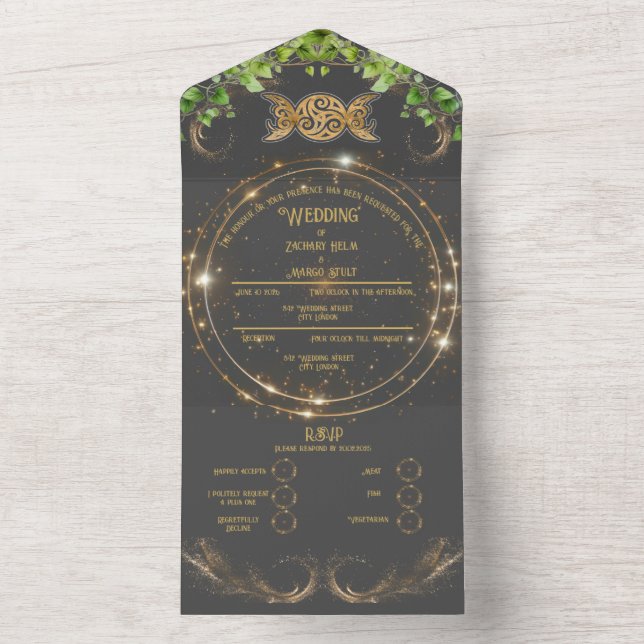 Invitación Todo En Uno Espuma De Oro Celeste Botánico Todo En Un Boda (Interior)