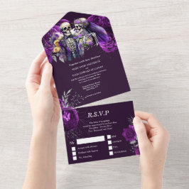Invitación Todo En Uno Esqueleto gótico púrpura parte de muerte del cráne