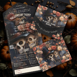 Invitación Todo En Uno Esqueletos Floral Kissing Halloween para adultos