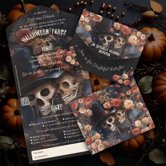 Invitación Todo En Uno Esqueletos Floral Kissing Halloween para adultos (Subido por el creador)