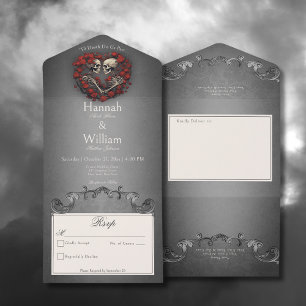 Invitación Todo En Uno Esqueletos góticos oscuros y corazón Rosa sin cena
