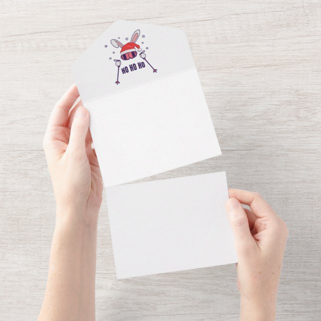 Invitación Todo En Uno Esquiando Santa Rabbit con Santa Hat y los postes  (desgarro)