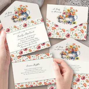 Invitación Todo En Uno Está llegando un bebé Tetera floral para Baby Show