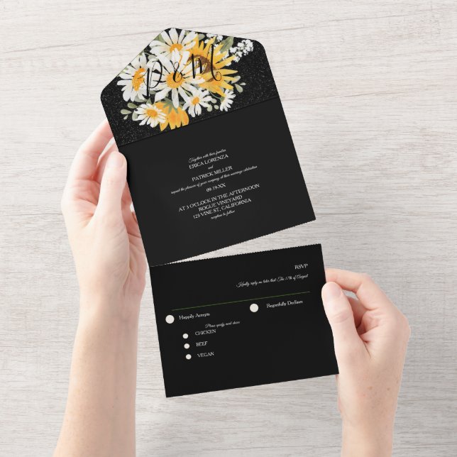 Invitación Todo En Uno Estilo Purpurina floral de girasol negro (desgarro)