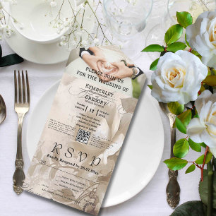 Invitación Todo En Uno Estilo Vintage Elegante Código QR de Foto de Rosa 