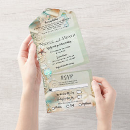 Invitación Todo En Uno Estrella de Mar Romántica y Perlas Boda Elegante
