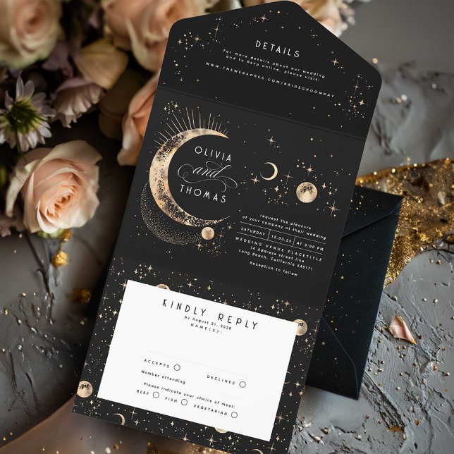 Invitación Todo En Uno Estrellas celestes místicas celestes Halo Boda (All in One Celestial Wedding Invitation)