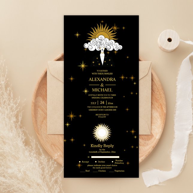 Invitación Todo En Uno Estrellas Celestiales de Oro Negro Místico Boda (Subido por el creador)