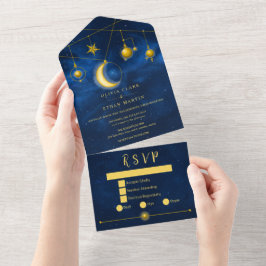 Invitación Todo En Uno Estrellas de oro celestes de media noche azul romá