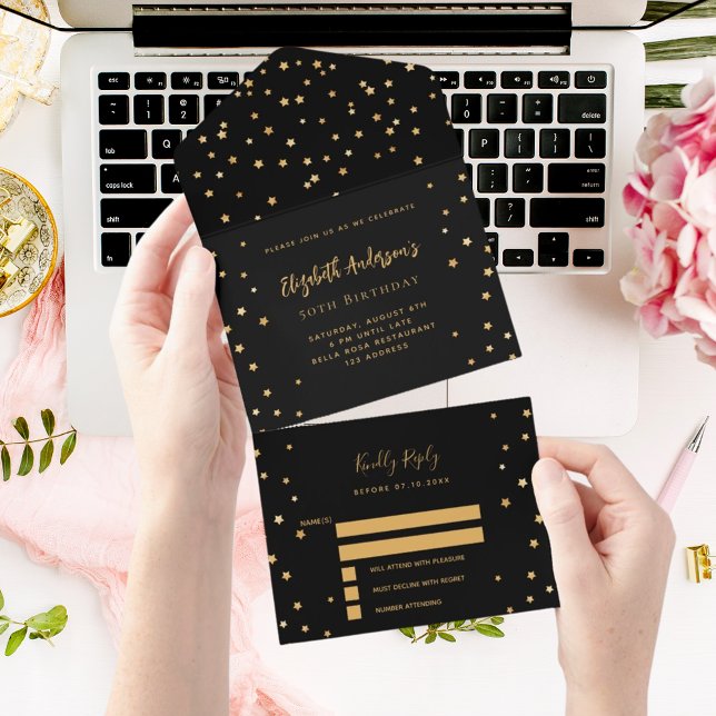 Invitación Todo En Uno Estrellas de oro negro de cumpleaños fiesta RSVP (Subido por el creador)