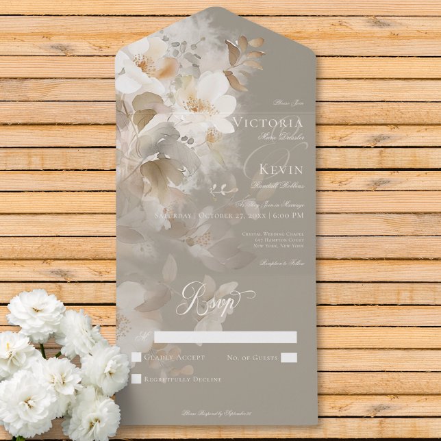 Invitación Todo En Uno Etéreo Romántico Neutral Beige Floral Sin Cena (Romantic Ethereal Neutral Beige Floral No Dinner All In One Invitation)