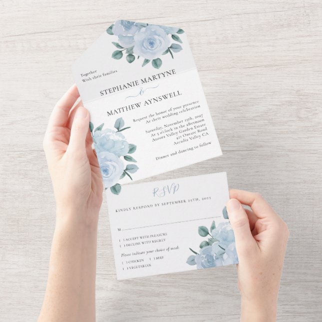 Invitación Todo En Uno Eucalipto azul turbio Boda floral elegante (desgarro)
