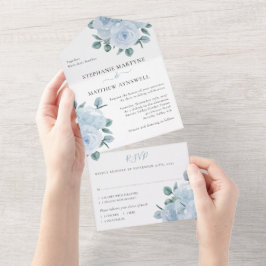 Invitación Todo En Uno Eucalipto azul turbio Boda floral elegante