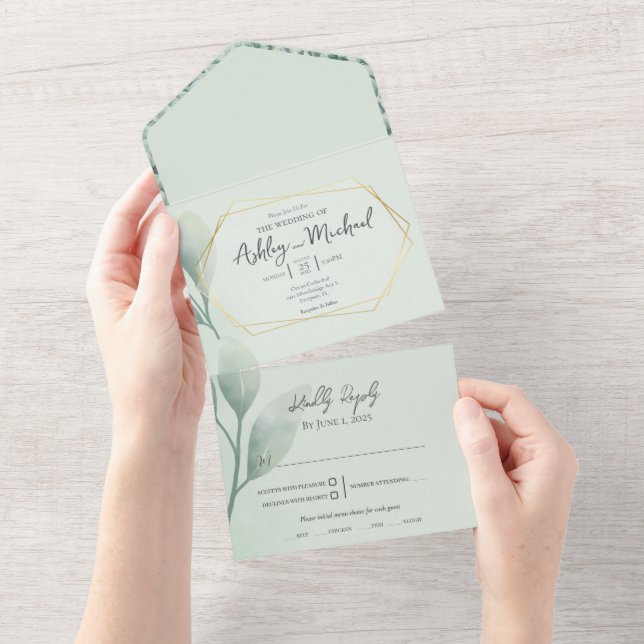 Invitación Todo En Uno Eucalipto Boda geométrico (desgarro)