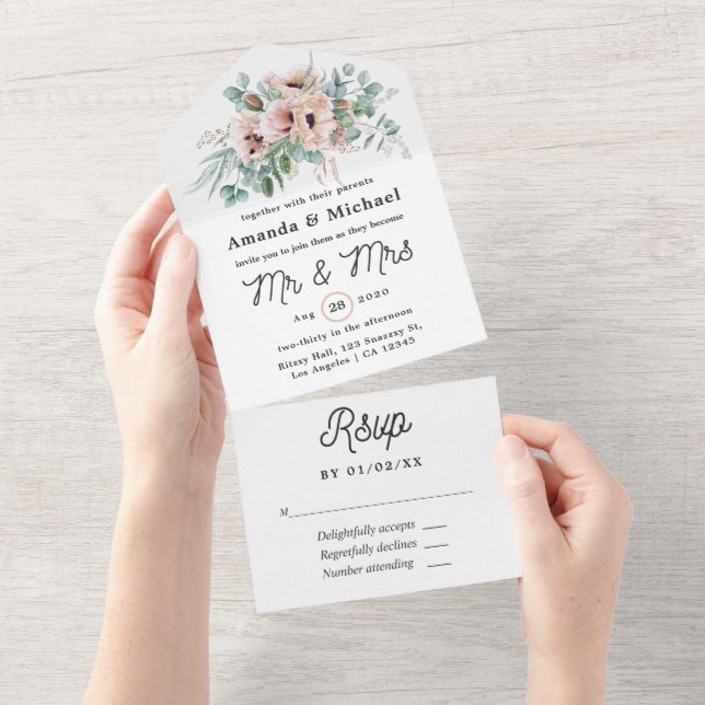 Invitación Todo En Uno Eucalipto Bohemio Boda de Adormidera Rosa (desgarro)
