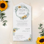 Invitación Todo En Uno Eucalipto de girasol deja Boda moderno<br><div class="desc">Estas invitaciones nupciales presentan un diseño floral acuático con girasoles y follaje de hojas de eucalipto. Personaliza tu texto. También se dispone de material de papelería de correspondencia.</div>