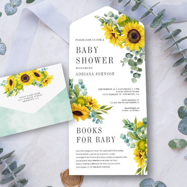 Invitación Todo En Uno Eucalipto deja Baby Shower a los girasoles rusos (Subido por el creador)
