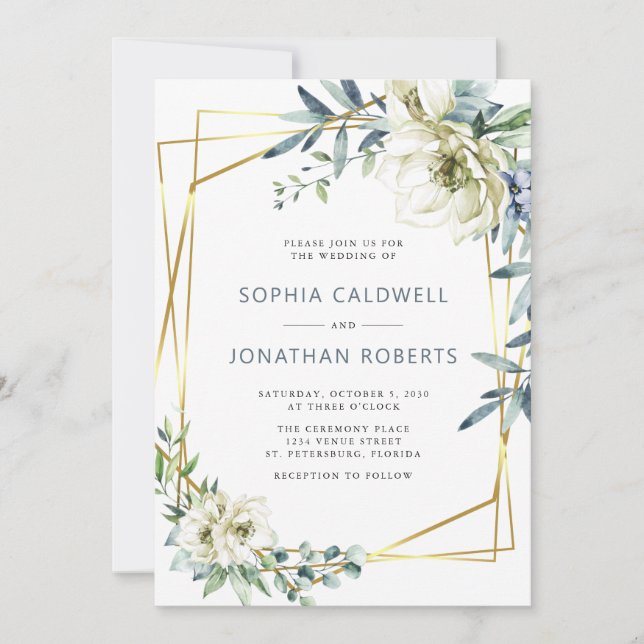 Invitación Todo en uno Eucalipto Floral Boda Dorada (Anverso)