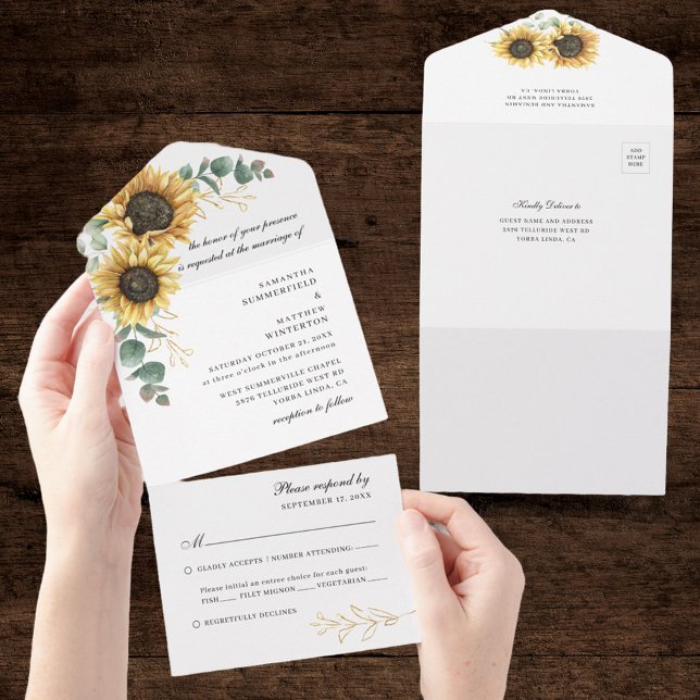 Invitación Todo En Uno Eucalipto Floral de girasol Boda botánico (Sunflower Eucalyptus Greenery All in One Wedding Invitation)