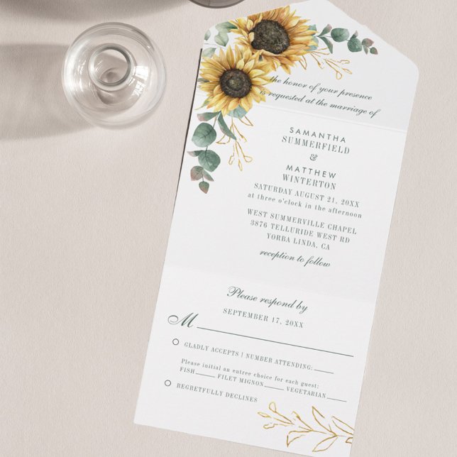 Invitación Todo En Uno Eucalipto Floral de girasol Elegante Boda (Sunflower Floral Eucalyptus Greenery Wedding All-in-One Invitation)