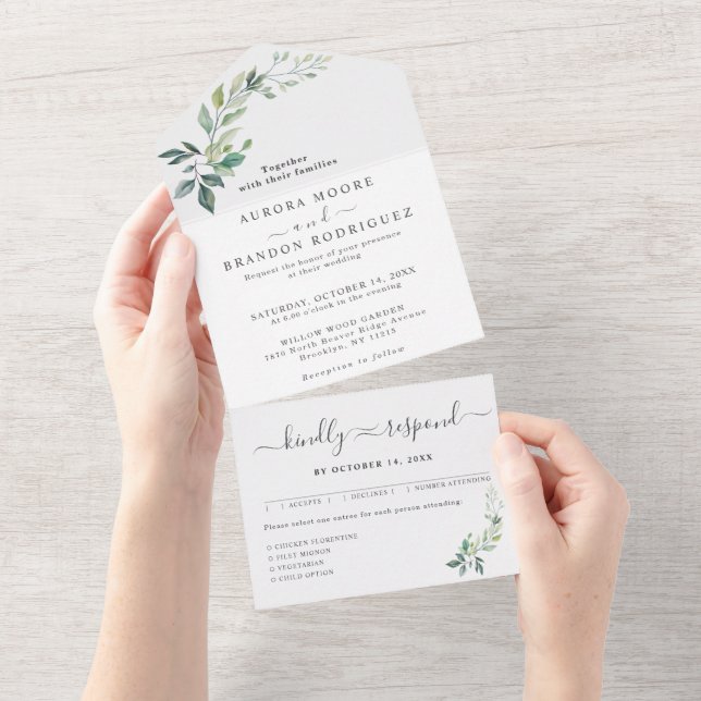 Invitación Todo En Uno Eucalipto Hojas Verde Modernas Acuarela (desgarro)