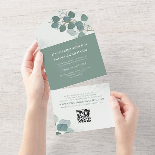 Invitación Todo En Uno Eucalipto moderno Elegante Foliage Rústico Código  (desgarro)