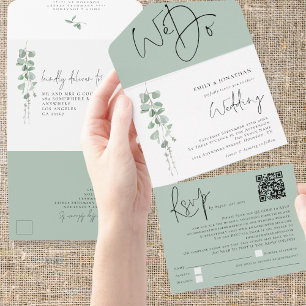Invitación Todo En Uno Eucalipto moderno Hacemos Boda de código QR