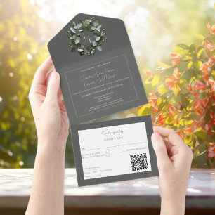 Invitación Todo En Uno Eucalipto moderno Monograma Gris Wreath