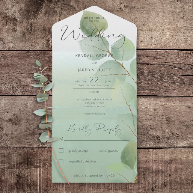 Invitación Todo En Uno Eucalipto Moderno Verde Sabio No Cena (Sage Green Modern Eucalyptus All In One Wedding Invitation without Dinner Options)