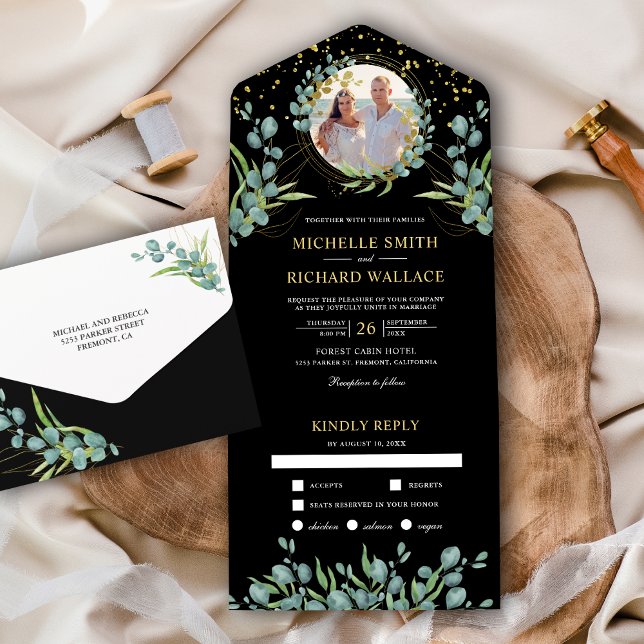 Invitación Todo En Uno Eucalipto ruso deja foto a Boda negro (Subido por el creador)