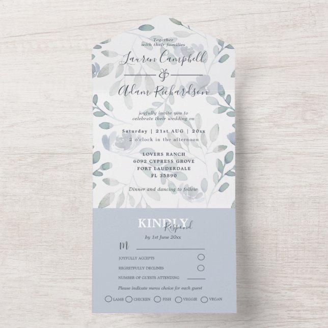 Invitación Todo En Uno Eucalipto Rústico Floral Dusty Azul Boda todo (Interior)