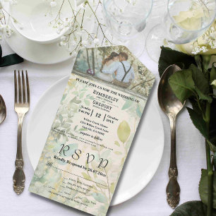 Invitación Todo En Uno Eucalipto verde crema Minimalista botánico
