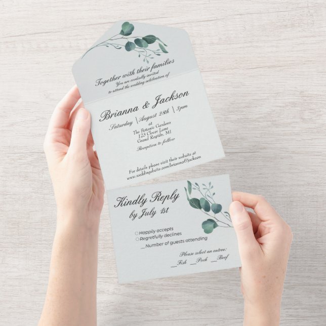 Invitación Todo En Uno Eucalipto verde romántico (desgarro)