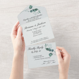 Invitación Todo En Uno Eucalipto verde romántico
