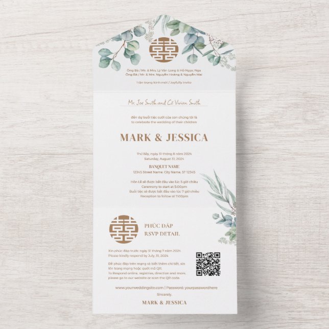 Invitación Todo En Uno Eucalipto vietnamita bilingüe tradicional (Interior)
