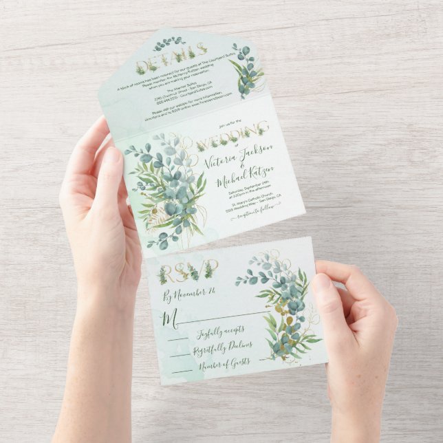 Invitación Todo En Uno Eucalipto y Boda Botánico Gold Fern (desgarro)
