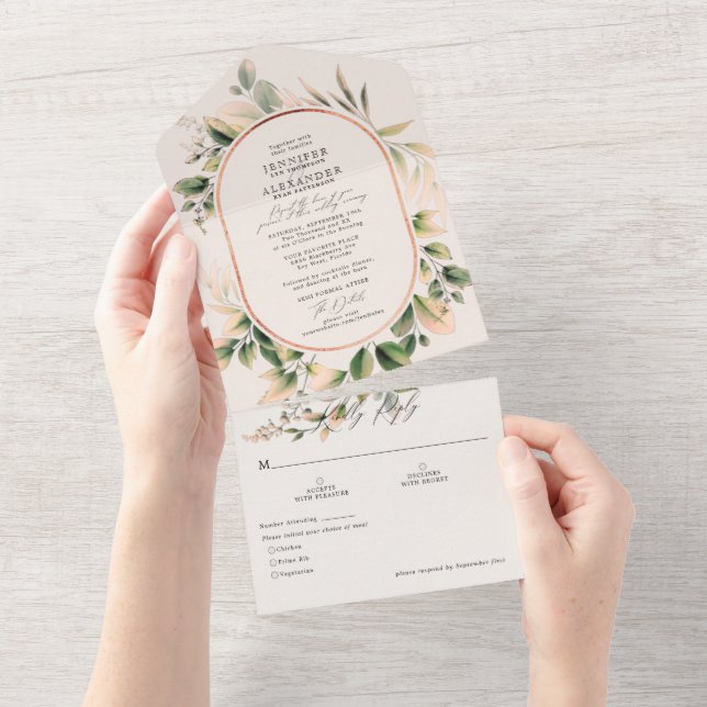 Invitación Todo En Uno Eucalipto y Boda de Engranaje Suave (desgarro)