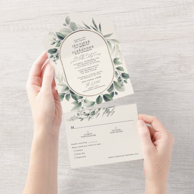Invitación Todo En Uno Eucalipto y Boda de marfil (desgarro)
