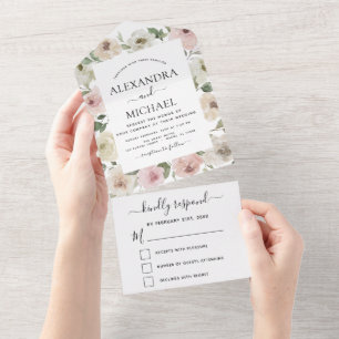 Invitación Todo En Uno Eucaliptos de flor rosa y turbio boda RSVP