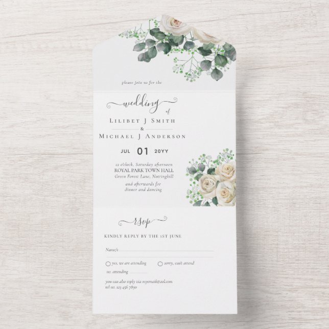 Invitación Todo En Uno Eucaliptus blanco sale de presupuesto Boda (Interior)